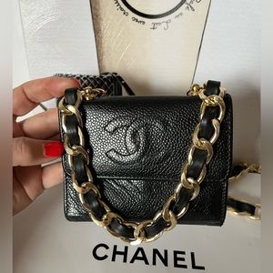 CHANEL Black Caviar Leather CC Logo Wallet on Chain